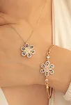 Kadın Gümüş Kolye Bileklik Set - Karışık Renk Çiçek Motifli Gümüş Bileklik Kolye Set