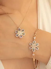 Kadın Gümüş Kolye Bileklik Set - Karışık Renk Çiçek Motifli Gümüş Bileklik Kolye Set