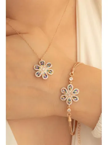 Kadın Gümüş Kolye Bileklik Set - Karışık Renk Çiçek Motifli Gümüş Bileklik Kolye Set