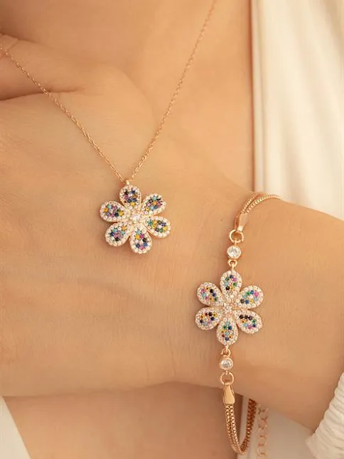Kadın Gümüş Kolye Bileklik Set - Karışık Renk Çiçek Motifli Gümüş Bileklik Kolye Set