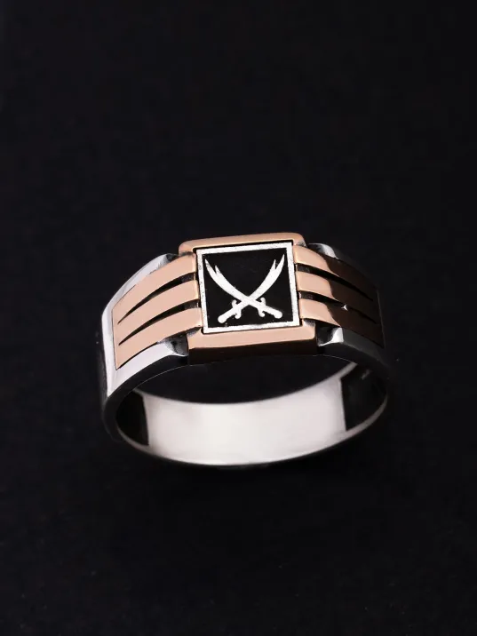 Erkek Gümüş Yüzük - Çift Zülfikarlı Kılıçlı İnce Kibar Erkek Yüzüğü