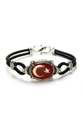 Ay Yıldız Türk Bayrağı Deri Gümüş Erkek Bayan Bileklik