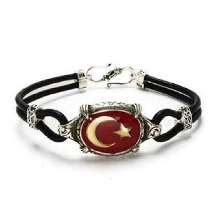 Ay Yıldız Türk Bayrağı Deri Gümüş Erkek Bayan Bileklik