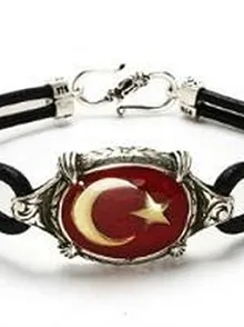 Ay Yıldız Türk Bayrağı Deri Gümüş Erkek Bayan Bileklik