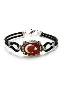 Ay Yıldız Türk Bayrağı Deri Gümüş Erkek Bayan Bileklik