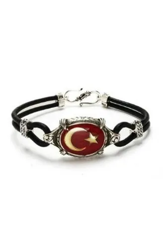 Ay Yıldız Türk Bayrağı Deri Gümüş Erkek Bayan Bileklik