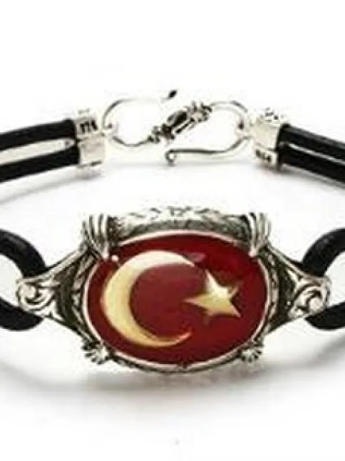 Ay Yıldız Türk Bayrağı Deri Gümüş Erkek Bayan Bileklik