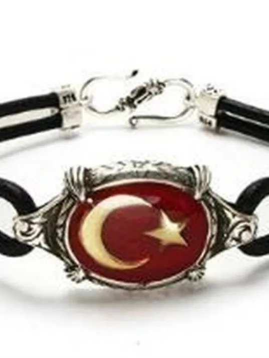 Ay Yıldız Türk Bayrağı Deri Gümüş Erkek Bayan Bileklik Ay Yıldız Türk Bayrağı Deri Gümüş Erkek Bayan Bileklik