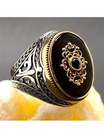 Otantik Motifli Siyah Taşlı Erkek Gümüş Yüzük