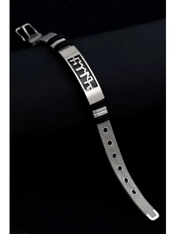 Göktürkçe Türk Yazılı Paslanmaz Çelik Erkek Bileklik Hasır Kordonlu