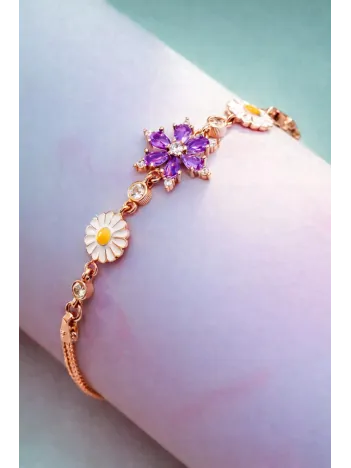 Rose Rengi Nergis Çiçeği Zirkon Taşlı Gümüş Bileklik