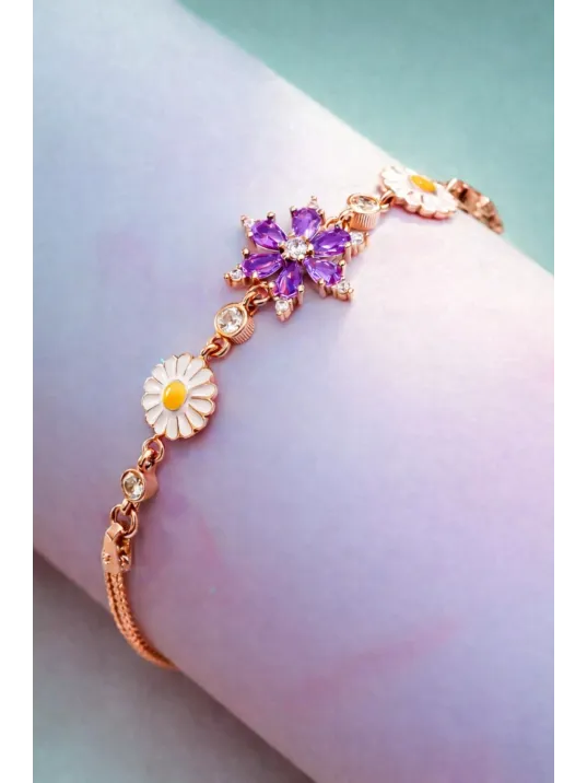 Rose Rengi Nergis Çiçeği Zirkon Taşlı Gümüş Bileklik