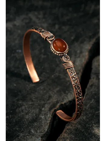 Bakır Kelepçe Bilezik Kırmızı Akik Doğal Taşlı Erkek Kadın Doğal Taşlar ve Metal Kutulu
