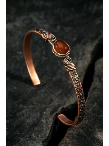 Bakır Kelepçe Bilezik Kırmızı Akik Doğal Taşlı Erkek Kadın Doğal Taşlar ve Metal Kutulu