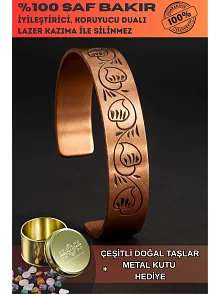 Kadın Bakır Bileklik - Kapalı Lale Model Kadın Bakır Kelepçe Bilezik Metal Kutu ve Doğal Taşlar
