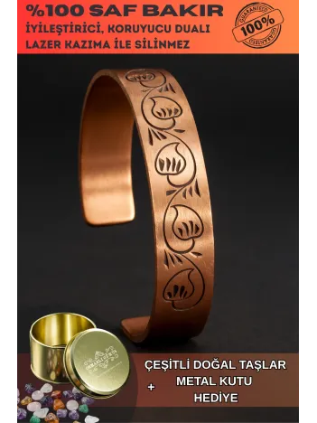 Kadın Bakır Bileklik - Kapalı Lale Model Kadın Bakır Kelepçe Bilezik Metal Kutu ve Doğal Taşlar