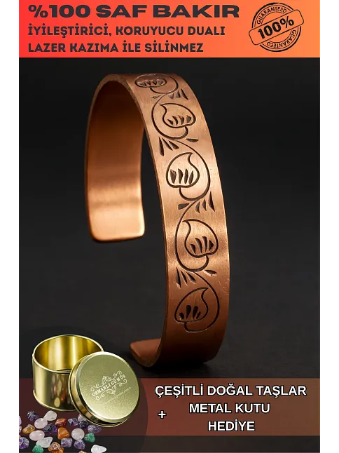 Kadın Bakır Bileklik - Kapalı Lale Model Kadın Bakır Kelepçe Bilezik Metal Kutu ve Doğal Taşlar