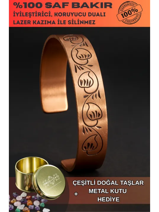 Kadın Bakır Bileklik - Kapalı Lale Model Kadın Bakır Kelepçe Bilezik Metal Kutu ve Doğal Taşlar Kadın Bakır Bileklik - Kapalı Lale Model Kadın Bakır Kelepçe Bilezik Metal Kutu ve Doğal Taşlar