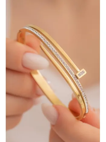 Kadın Çelik Bileklik - Altın Kaplama (KARARMAZ) Taşlı Çivi Model 3 Sıra Kadın Kelepçe