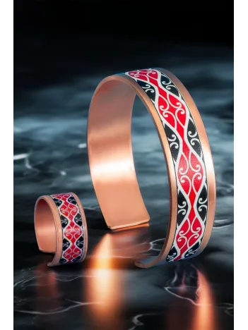 Kadın Bakır Bileklik Yüzük Set - Luna Model Özel Baskı Metal Kutu Ve Doğal Taşlar