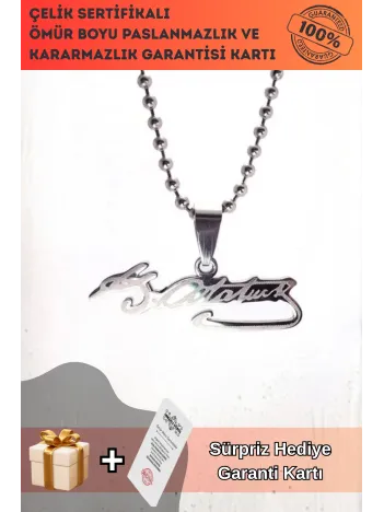 Atatürk İmzası Paslanmaz Erkek Bayan Çelik Kolye Zincir