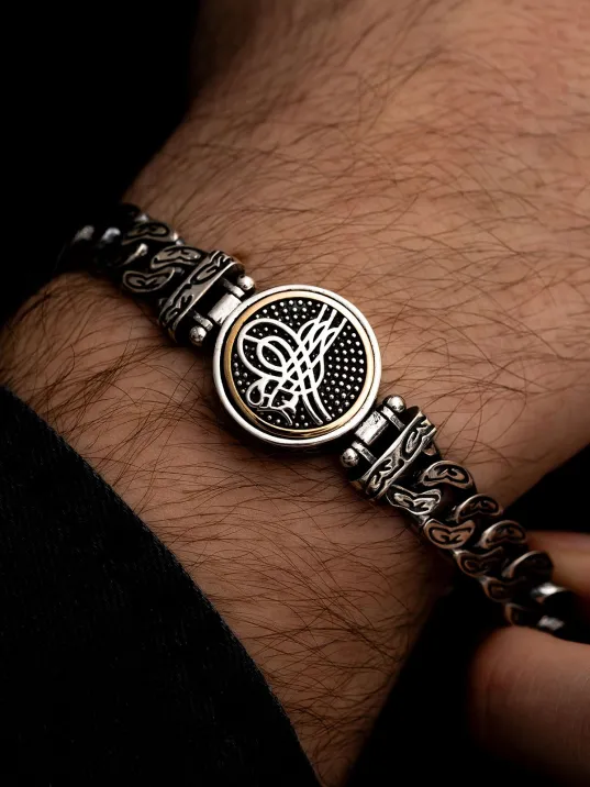 Erkek Gümüş Bileklik - Osmanlı Tuğrası İşlemeli Ortası Dönen Model Gümüş Bileklik