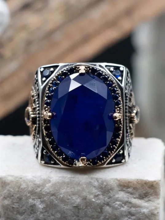 Lacivert Paraiba ve Zirkon Taşlı Erkek Gümüş Yüzük GYZYZKEND09-LCV