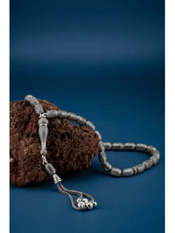 Erkek Gümüş Tespih - 925 Ayar Oksitli Model Delikli Kapsül Kesim Tesbih