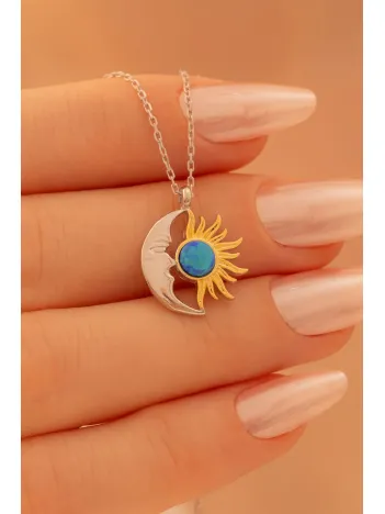 Kadın Gümüş Kolye - Sevgililer Günü - Hediye - Ay Güneş Motifli Kadın Kolye
