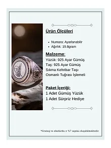 Erkek Sıkma Kehribar Taşlı Osmanlı Tuğrası İşlemeli Nostaljik Model 925 Ayar Gümüş Yüzük