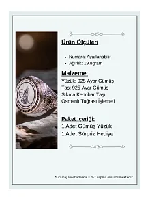 Erkek Sıkma Kehribar Taşlı Osmanlı Tuğrası İşlemeli Nostaljik Model 925 Ayar Gümüş Yüzük