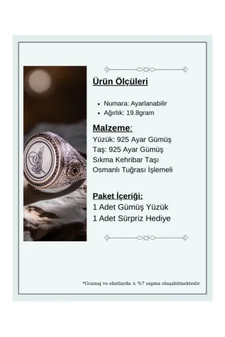 Erkek Sıkma Kehribar Taşlı Osmanlı Tuğrası İşlemeli Nostaljik Model 925 Ayar Gümüş Yüzük