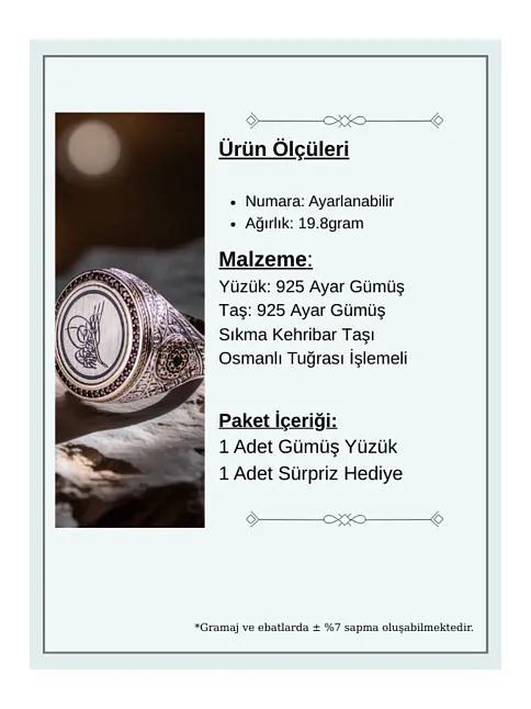 Erkek Sıkma Kehribar Taşlı Osmanlı Tuğrası İşlemeli Nostaljik Model 925 Ayar Gümüş Yüzük