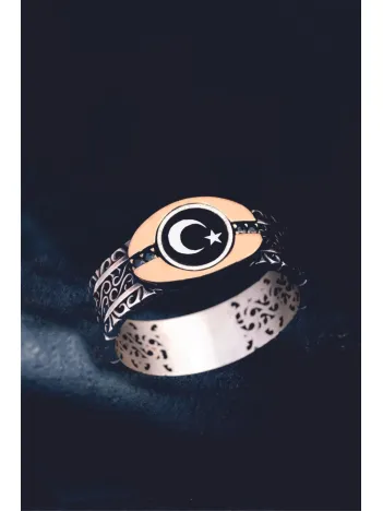 Erkek Gümüş Yüzük - Türk Bayrağı Ay Yıldız Sarmaşıklı Siyah Model Ince Kibar Erkek Yüzüğü