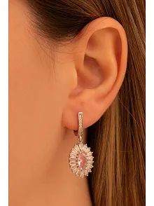 Kadın Gümüş Küpe - Damla Model Pembe Zirkon Taşlı Baget Süslemeli Rodyumlu Kadın Küpe