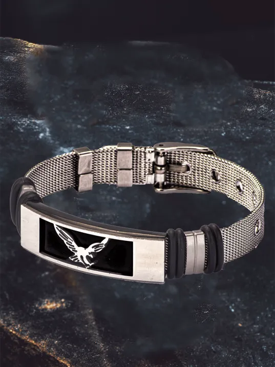 Erkek Çelik Bileklik - Hasır Model Kartal Motifli Çelik Bileklik