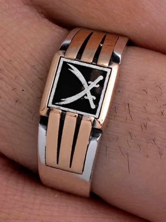 Erkek Gümüş Yüzük - Çift Zülfikarlı Kılıçlı İnce Kibar Erkek Yüzüğü