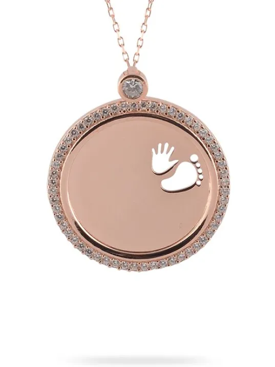 Çocuğunuzun İsmini Yazdırabileceğiniz El Ve Ayak Figürlü Bayan Gümüş Kolye-Rose (bronz)