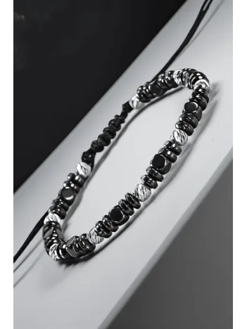 Siyah Hematit Taşlı Gümüş Detaylı Ayarlanabilir Erkek İp Bileklik - Model 6