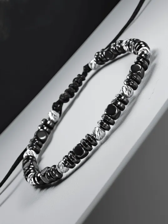 Siyah Hematit Taşlı Gümüş Detaylı Ayarlanabilir Erkek İp Bileklik - Model 6