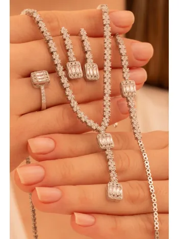 Kadın Gümüş Takı Seti - Ayfer Baget Taşlı Kare Model Kolye, Bileklik, Yüzük, Küpe Tam Set