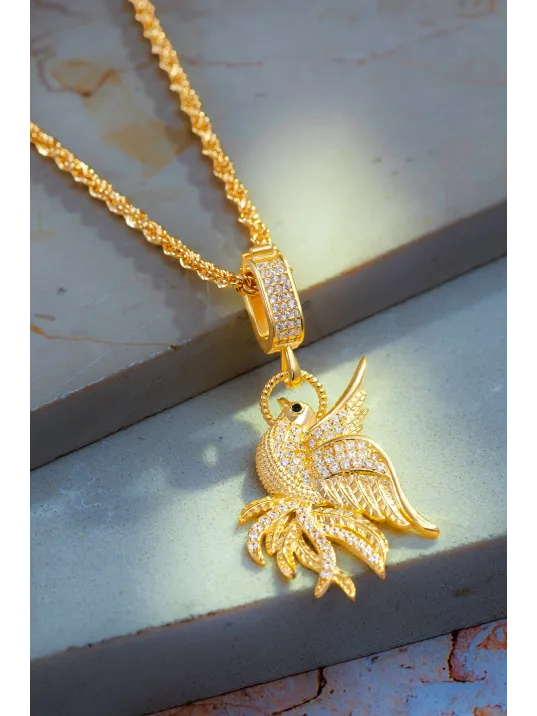Kadın 925 Ayar Gümüş 18 Ayar Altın Kaplama Zümrüdü Anka Simurg Figürlü Kolye – Taşlı Zarif Tasarım