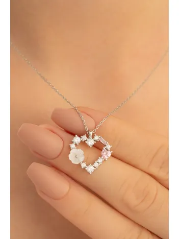 Kadın Gümüş Kolye - Manolya Çiçekli Kalp Zirkon Taşlı Gümüş Kadın Kolye