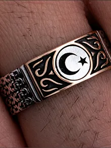 Erkek Gümüş Yüzük - Ayyıldız İşlemeli İnce Kibar Model Gümüş Yüzük