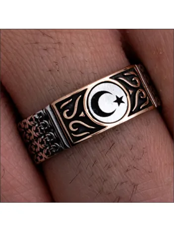 Erkek Gümüş Yüzük - Ayyıldız İşlemeli İnce Kibar Model Gümüş Yüzük