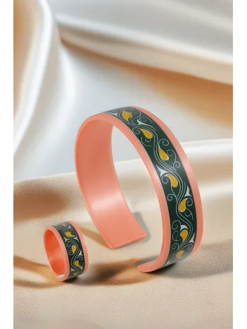 Kadın Bakır Bileklik Yüzük Set - Pia Model Özel Baskı Metal Kutu Ve Kuvars Taşı