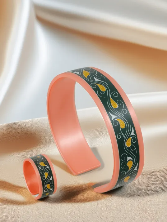 Kadın Bakır Bileklik Yüzük Set - Pia Model Özel Baskı Metal Kutu Ve Kuvars Taşı