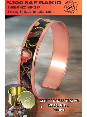Kadın Bakır Bileklik - Ester Model Özel Baskı Metal Kutu Ve Doğal Taşlar