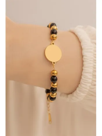 Kadın Çelik Bileklik - Oniks Taşı Çelik Lak Kaplamalı İsim Veya Harf Yazılabilir  Kadın Bileklik