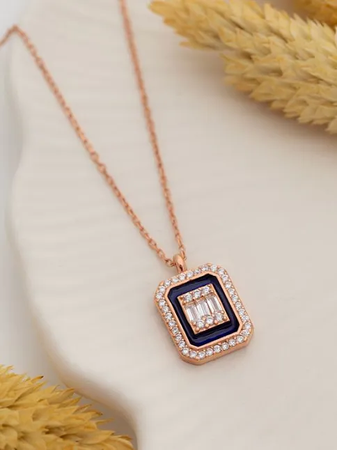 Kare Baget Taşlı Kadın Gümüş Kolye Zincir GKLKRBGTM1D-ROS-Rose (bronz)